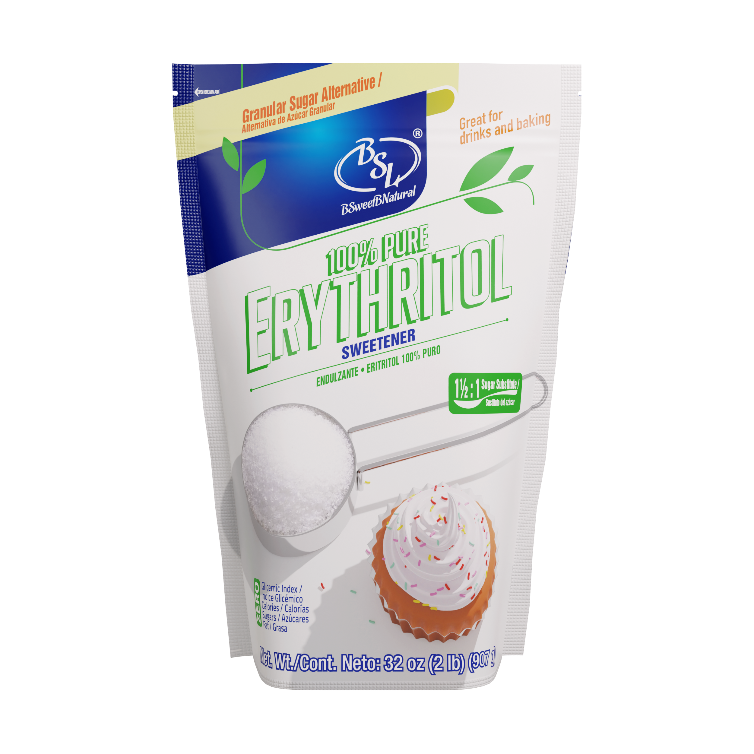 100% Pure Erythritol Sweetener Granular 2 Pounds - 1½ :1 Sugar Substitute, Keto & Vegan Friendly, 0 Calories, Non GMO, No After Taste, All Natural Sweetener for Drinks & Baking