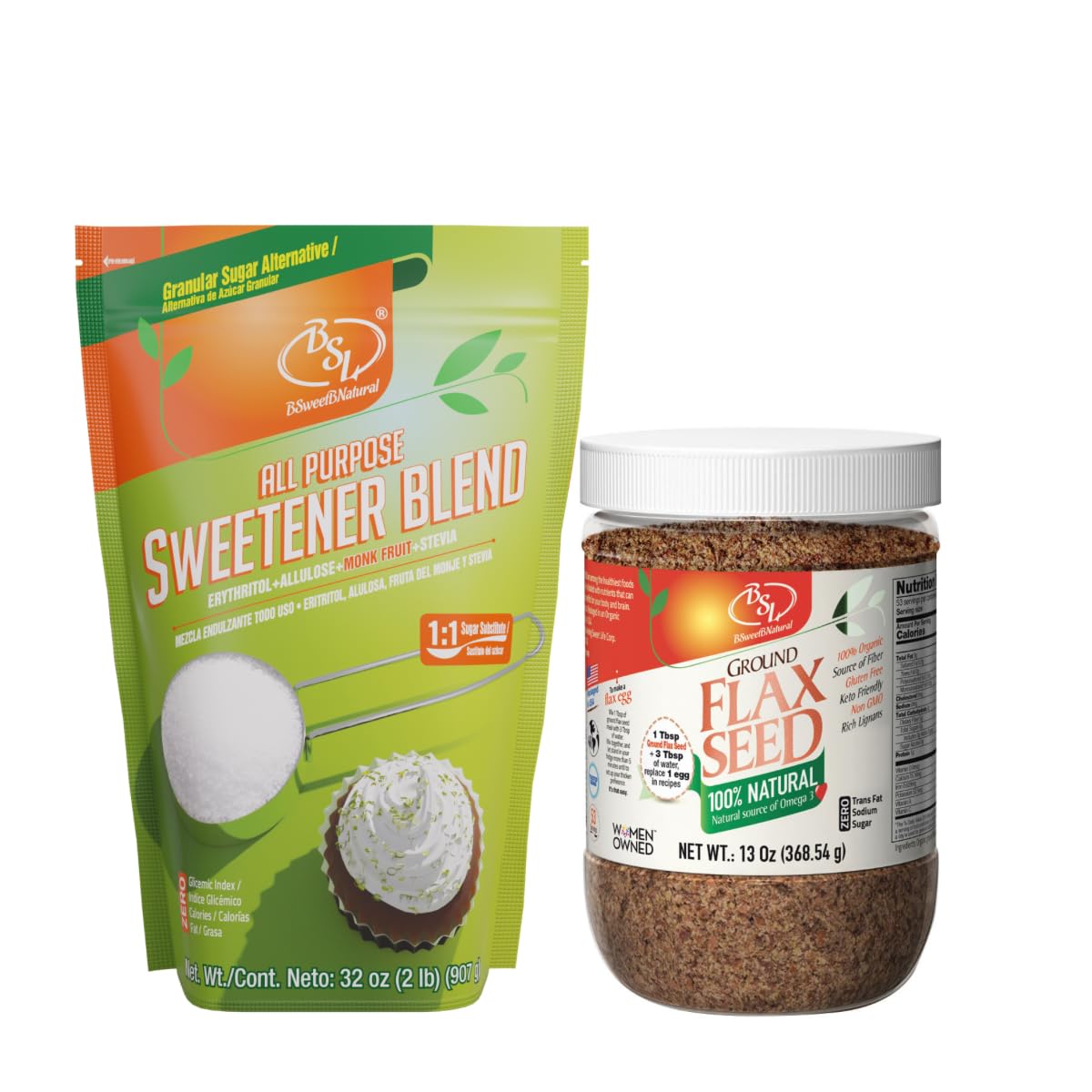 BUNDLE: Monk Fruit Sweetener with Allulose (32 oz) & Organic Ground Flax Seed (13 oz) - Natural Sugar Alternative & Fiber-Rich Supplement